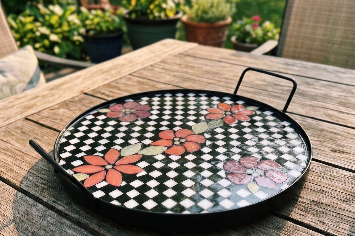 Handcrafted Floral & Checkerboard Glass Mosaic Tray with Epoxy Resin Finish (12")