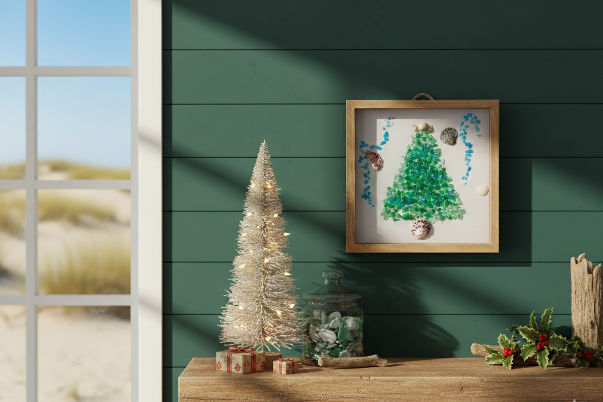 Green Crushed Glass and Seashell Christmas Tree Wall Hanging
