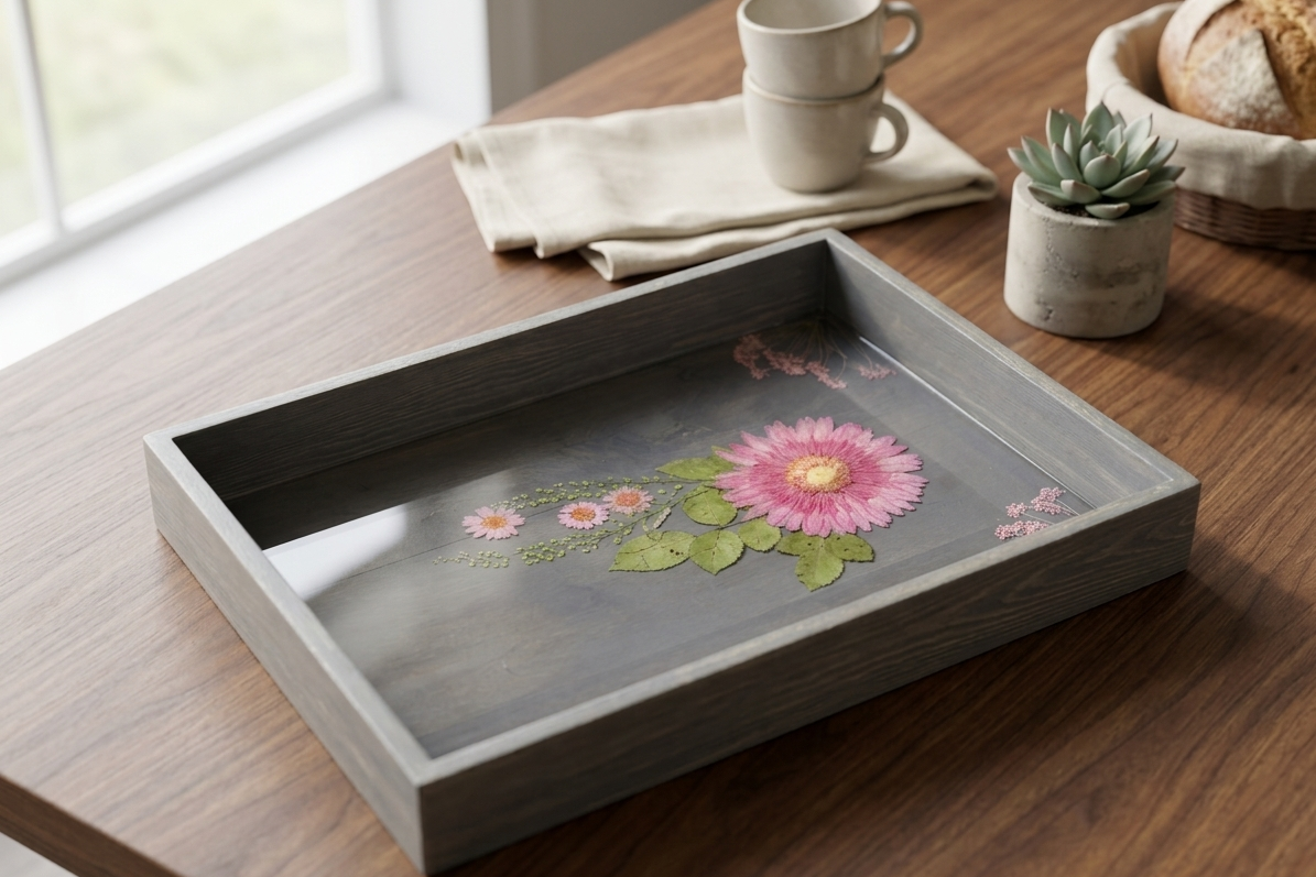 Artisan Pressed Flower Weathered Gray Wooden Tray