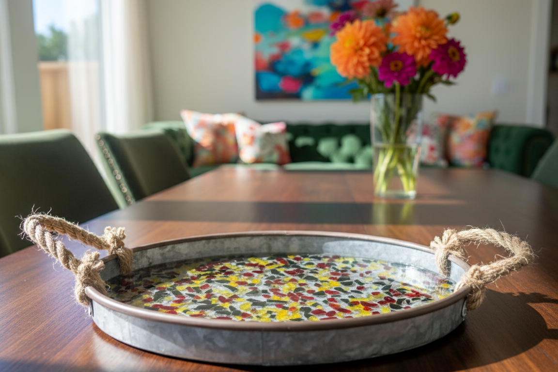 Crushed Glass Metal Tray with Rope Handles