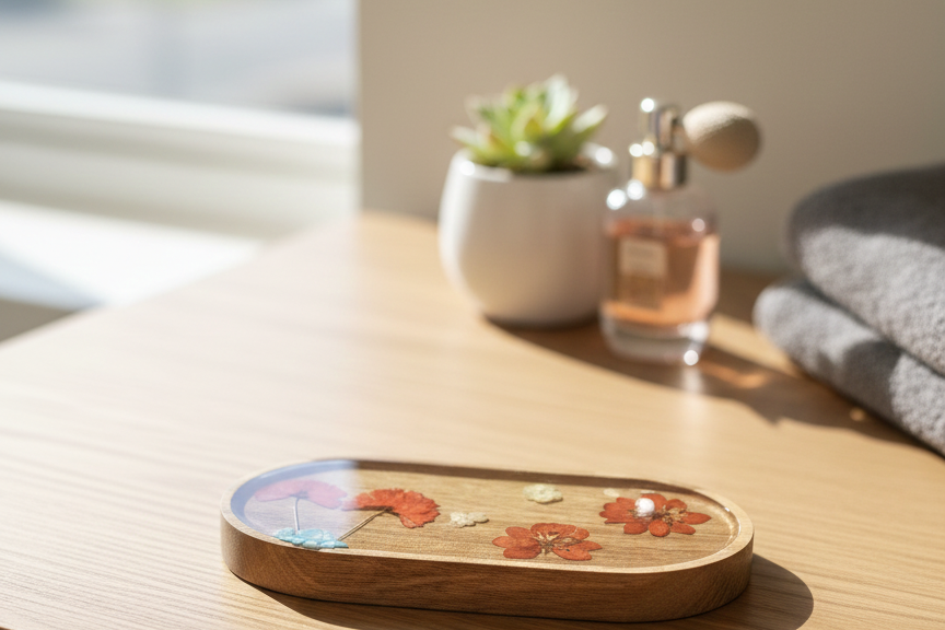 Oval Bamboo Vanity Tray with Floral Design
