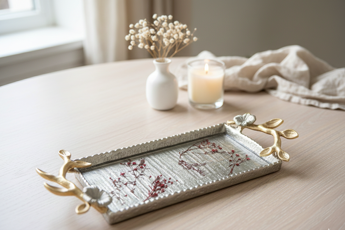 Silver Metal Tray with Floral Design and Floral Golden Handles