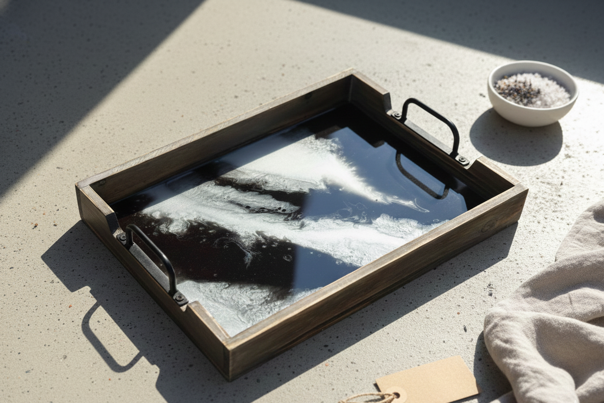 Wooden Tray with Marbled Resin Design