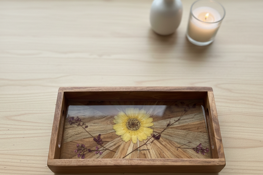 Wooden Tray with Floral Design