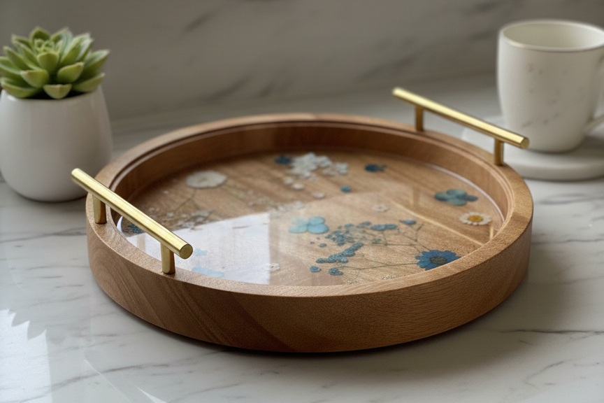 Wooden Round Lazy Susan With Flowers