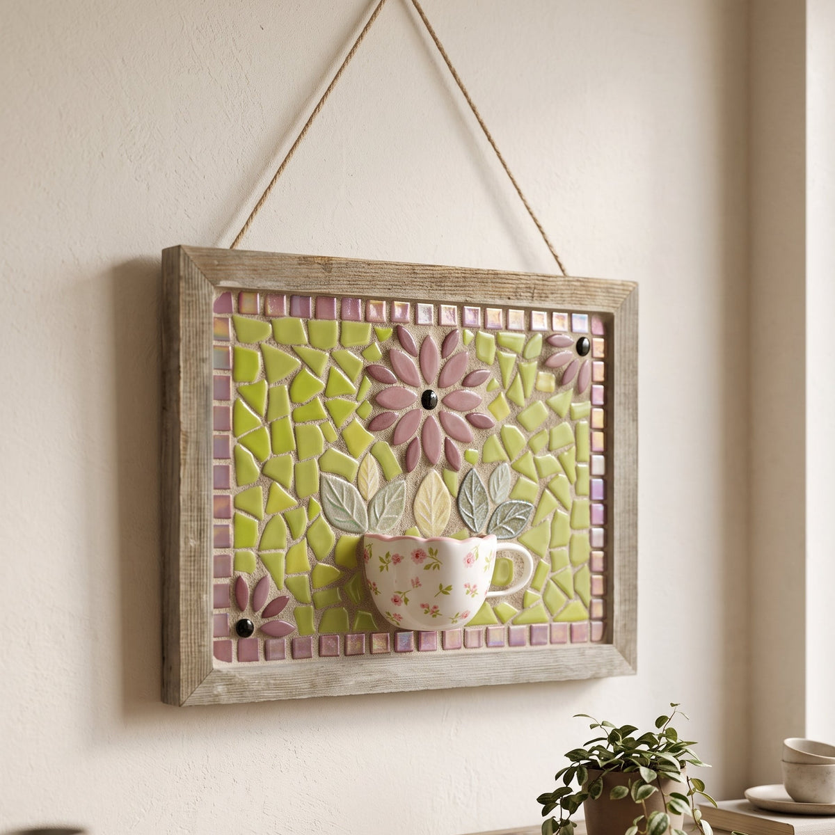 Handcrafted Teacup & Garden Mosaic Wall Art (8" x 10")