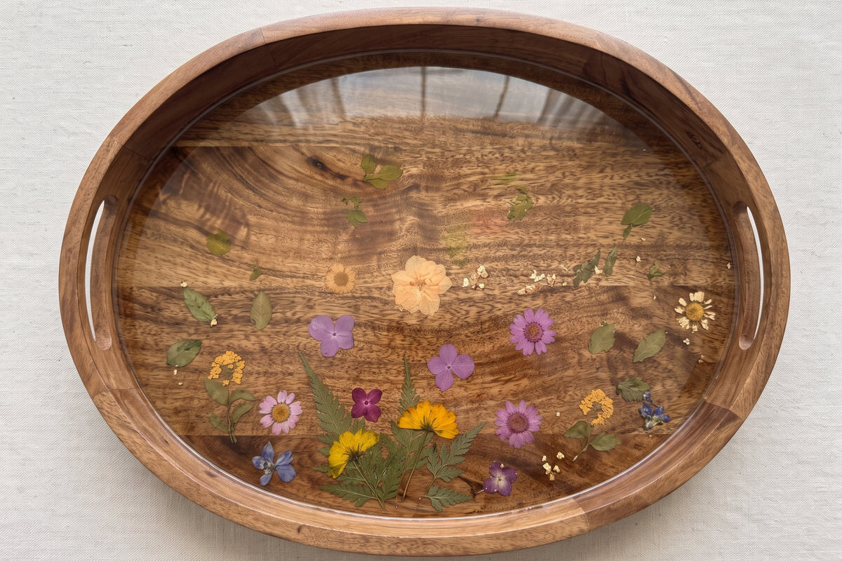 Botanical Bloom Resin Wooden Serving Tray (12" x 16")