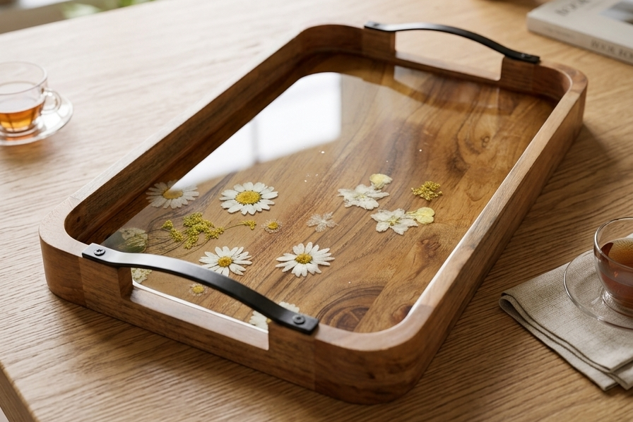 Rectangular Wooden Tray with White Floral Design