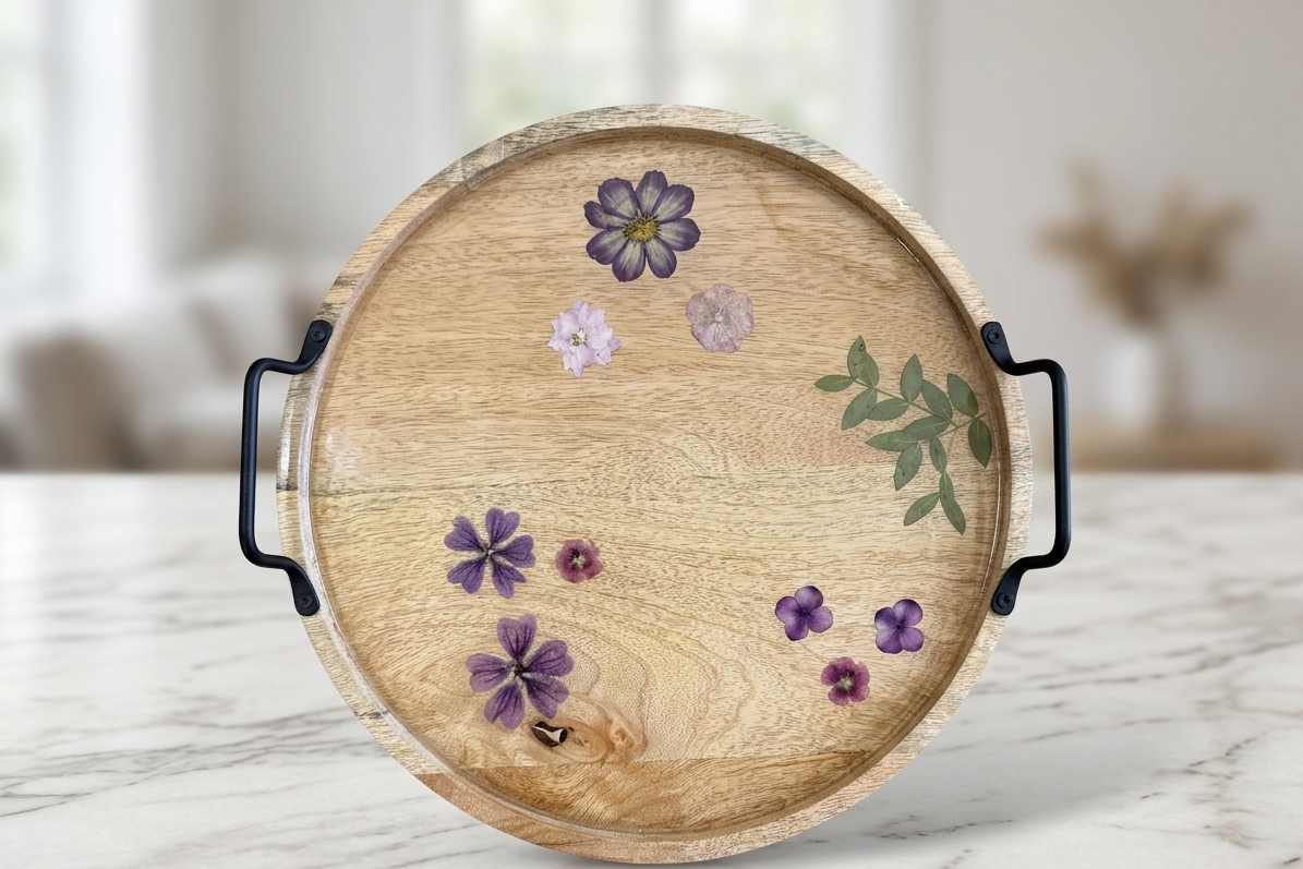 Artisan Pressed Flower Round Wooden Tray with Curved Black Handles