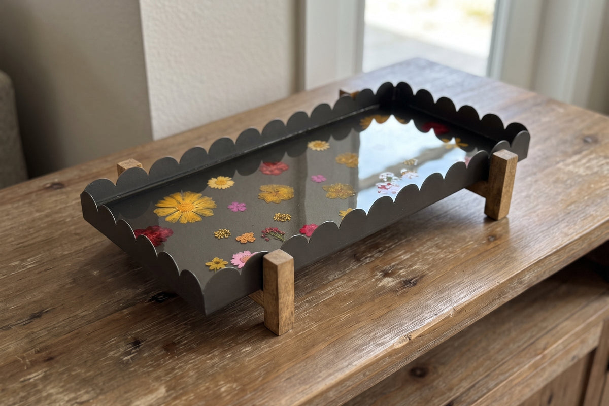 Handcrafted Scalloped Metal Pedestal Tray with Pressed Floral Resin Seal (8" x 18")
