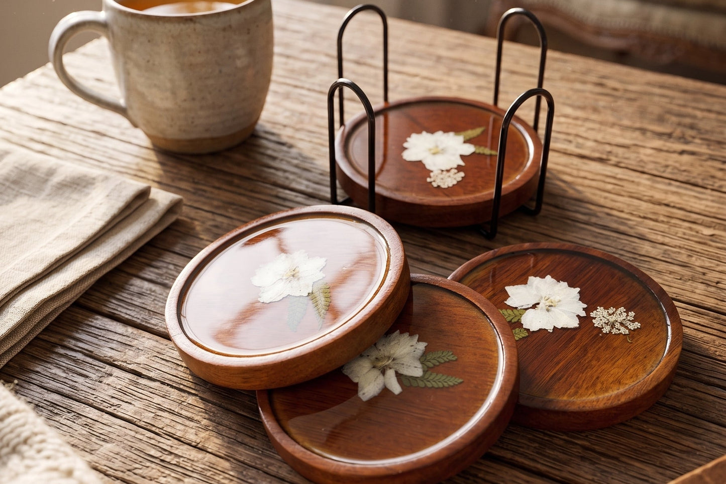 Pressed Botanical Resin & Polished Wood Coaster Set (4-Pack) Description: