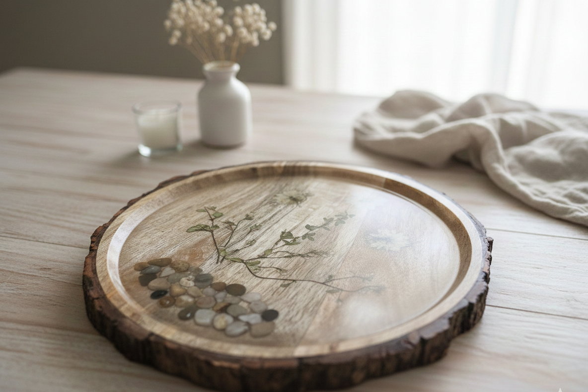 Tree Log Tray with Floral Design