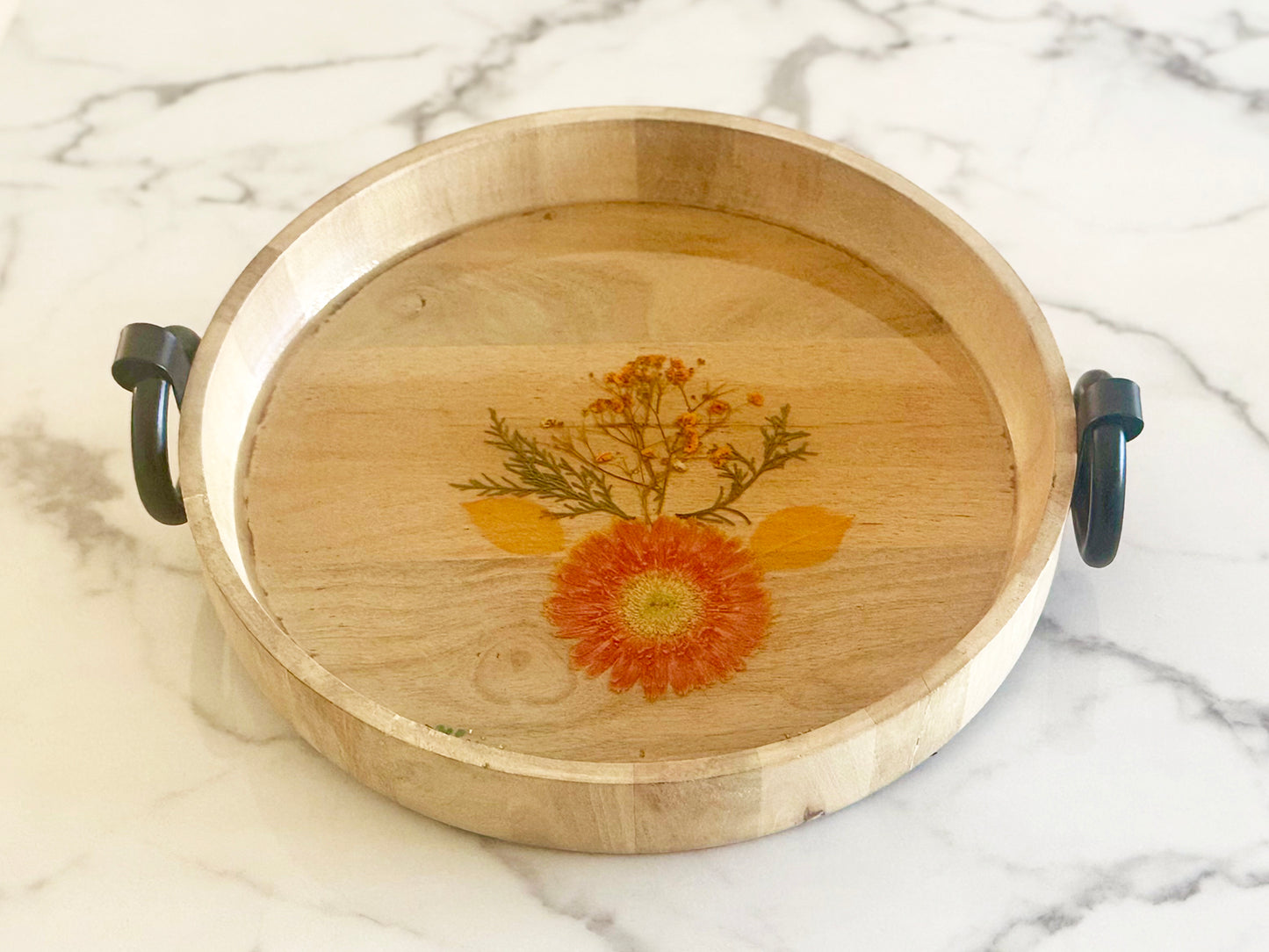 Round Light Color Wooden Tray With Black Handles