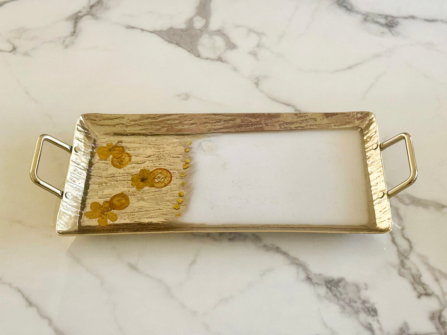 Rectangular Gold Metal Tray with White Resin and FLowers