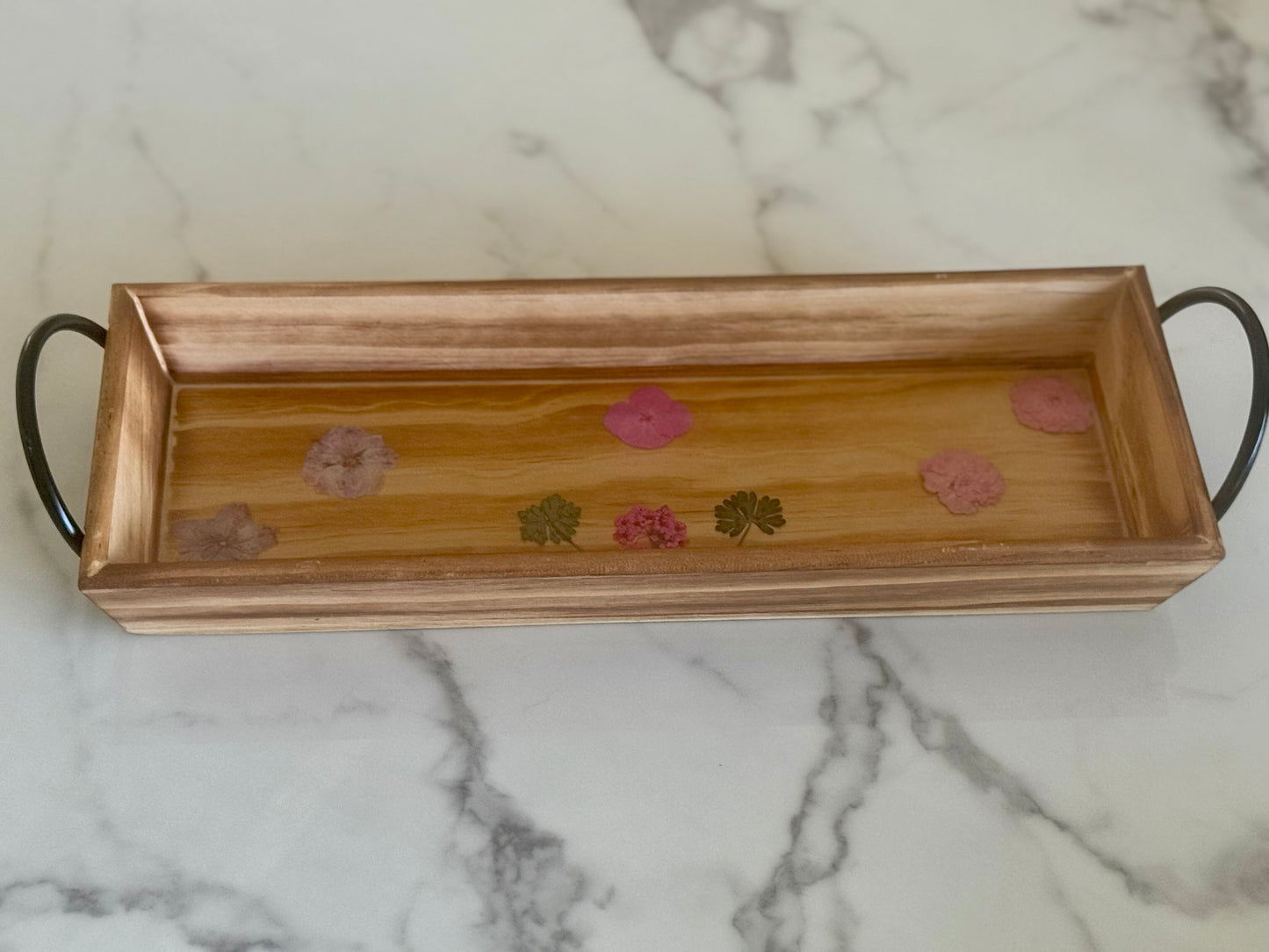 Rectangular Wooden Tray w Flowers