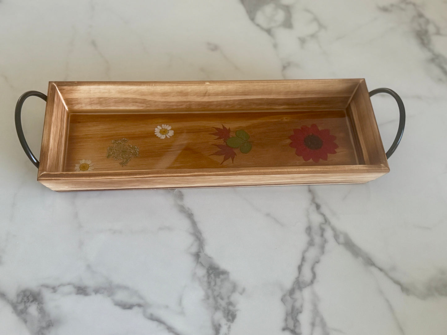 Rectangular Wooden Tray w Flowers
