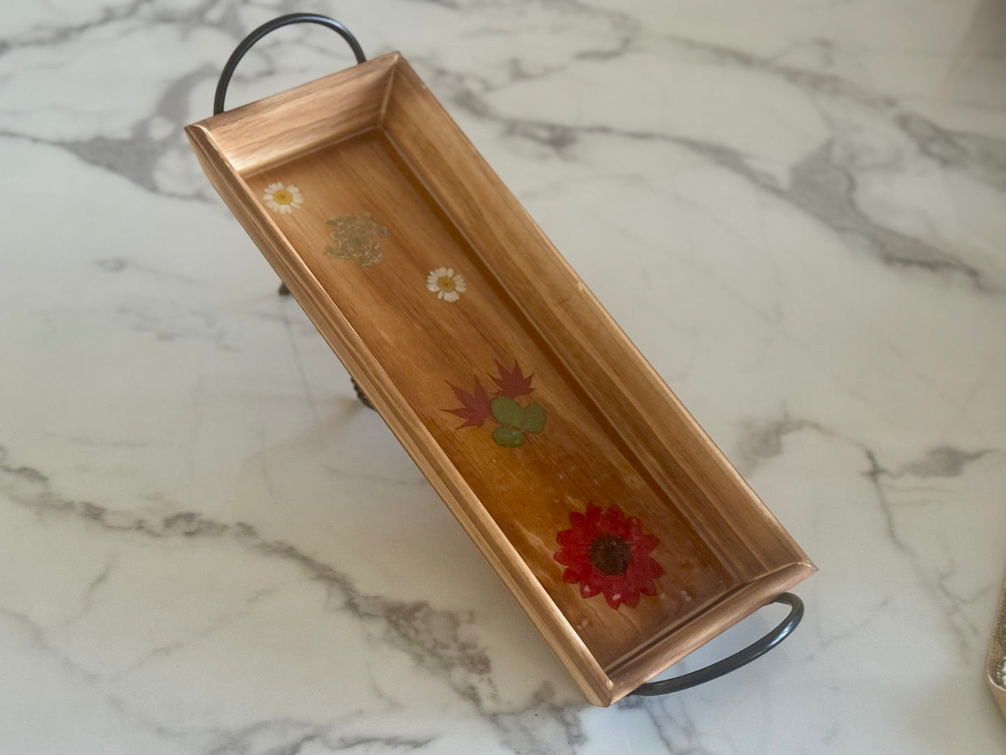 Rectangular Wooden Tray w Flowers