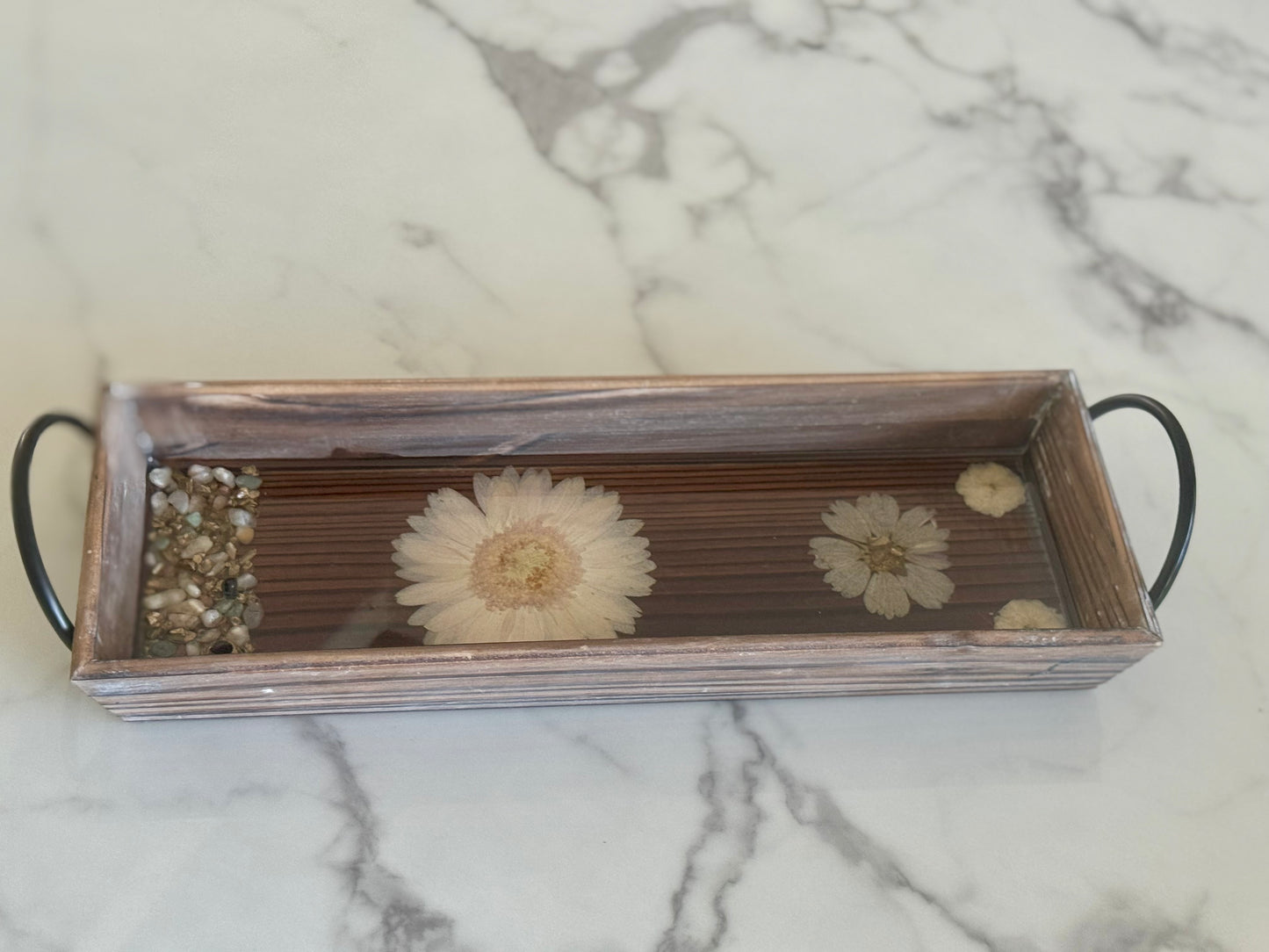 Rustic Rectangular Wooden Tray w Flowers and Rocks