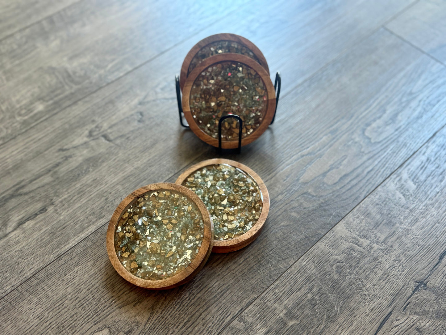 Wooden Coaster Set Crushed Glass 4 pieces
