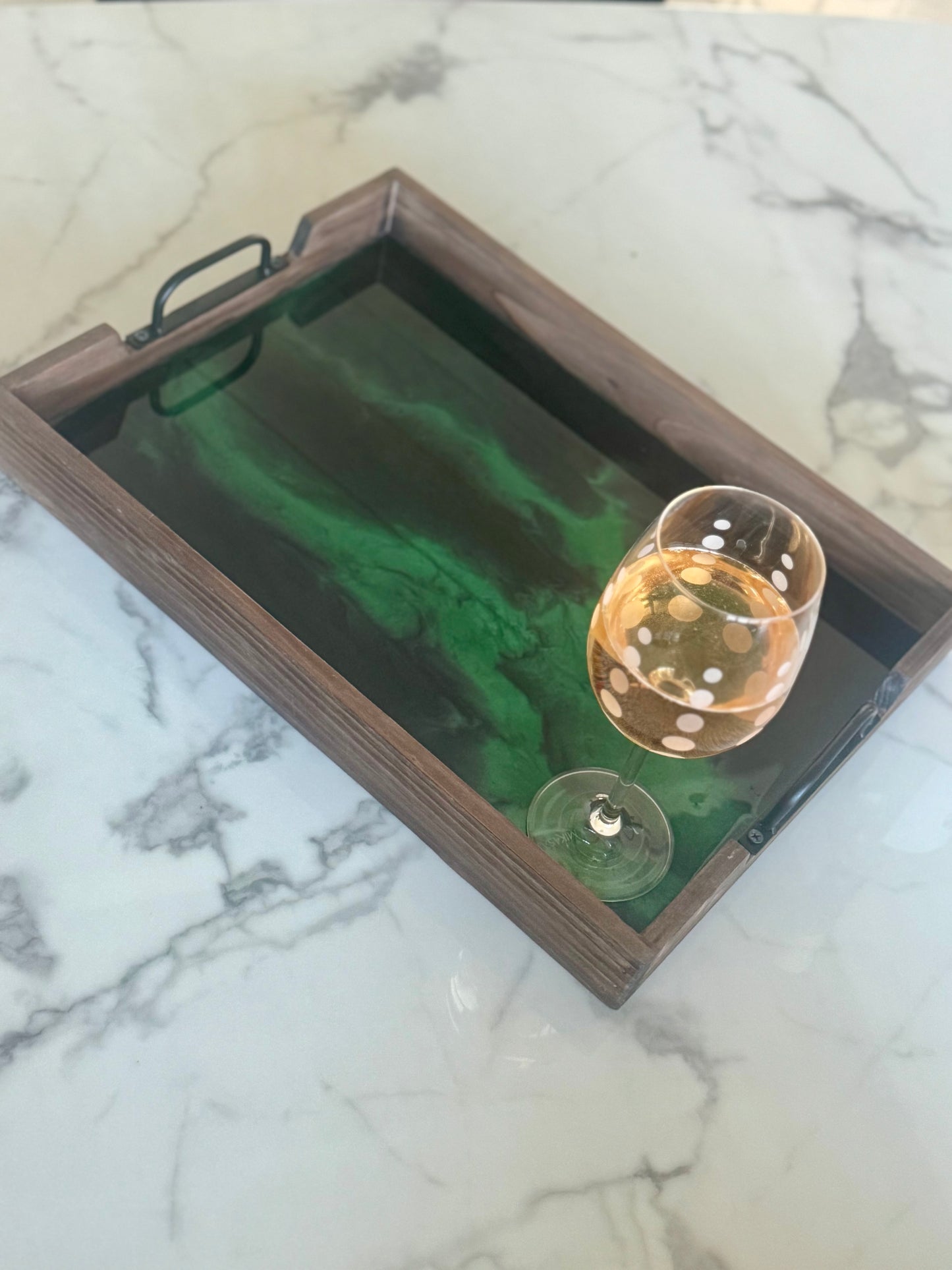 Wooden Tray with Marbled Green and Black Resin
