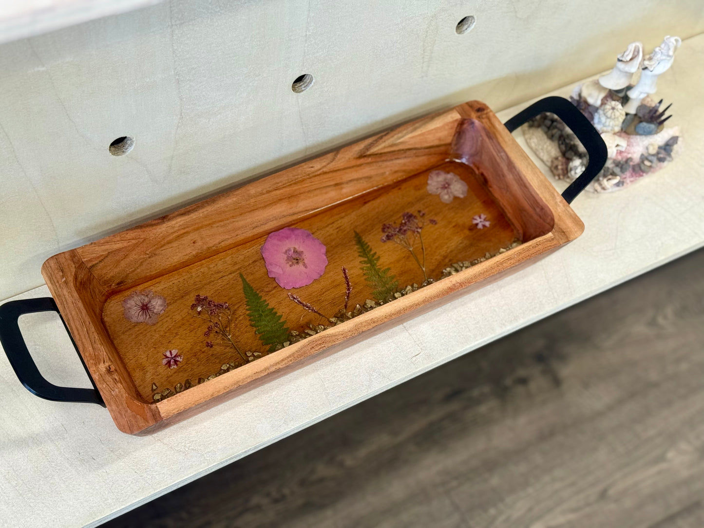 Wooden Tray with Flowers and Rocks