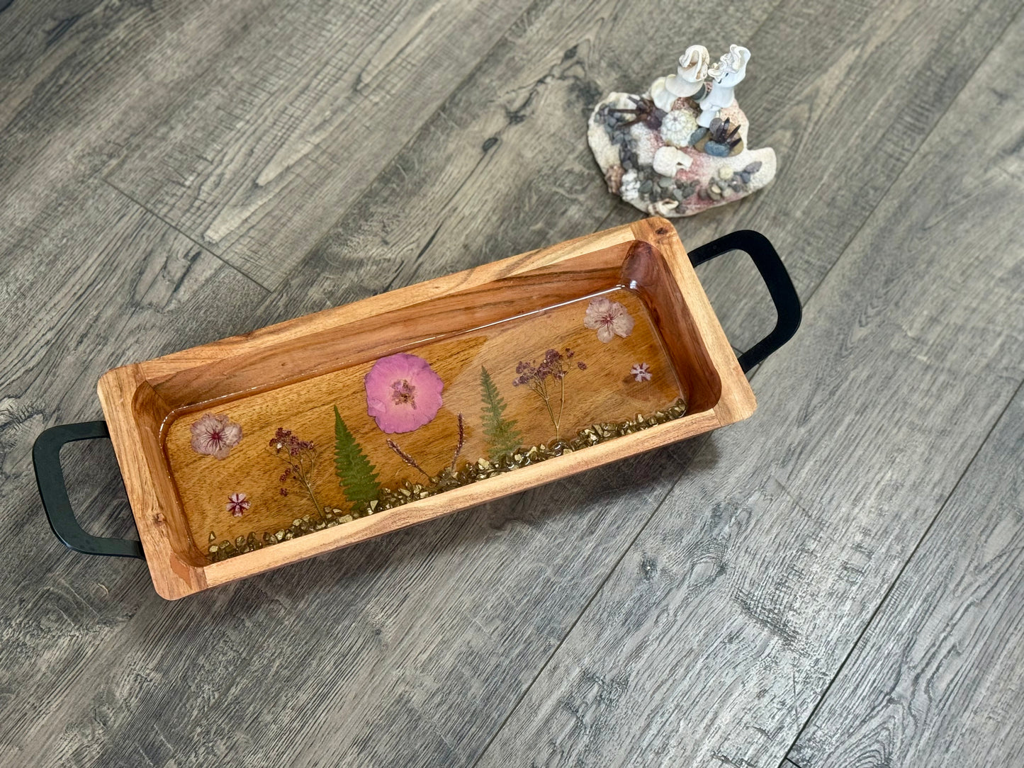 Wooden Tray with Flowers and Rocks