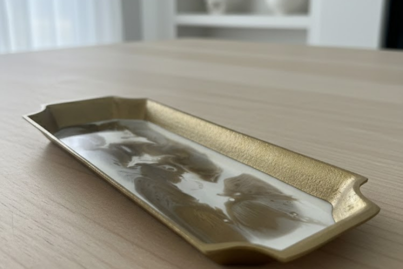 Marbled White and Gold Metal Resin Tray