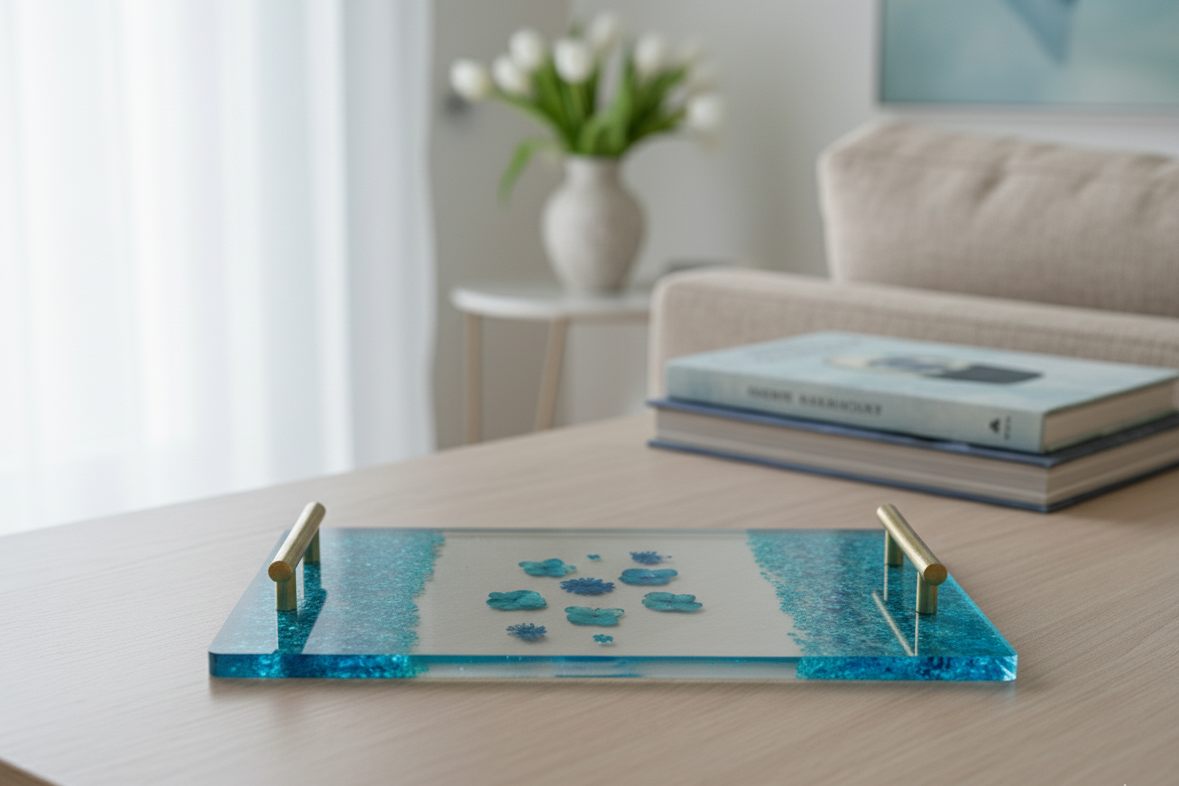 Flat clear resin tray with gold handles, turquoise glitter ends and blue accents, on a coffee table in a bright living room