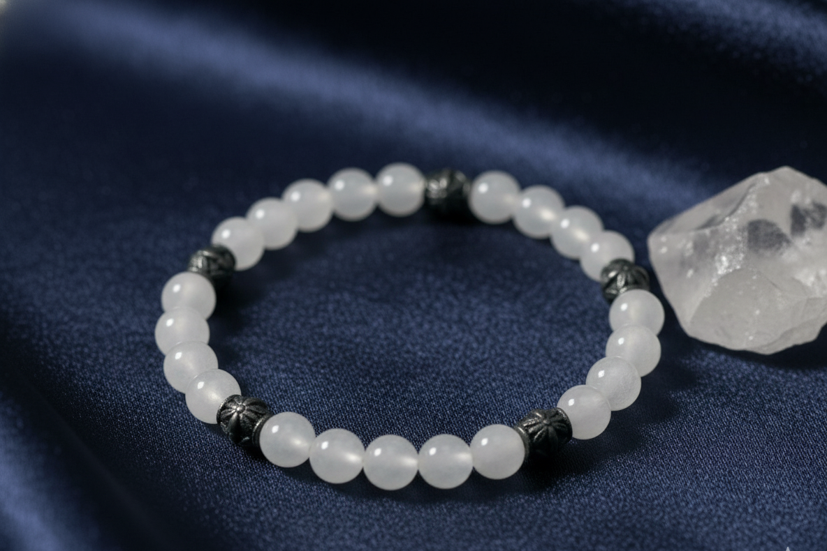 Moonstone bracelet of white beads with ornate antique silver spacers, on navy satin beside a clear quartz crystal