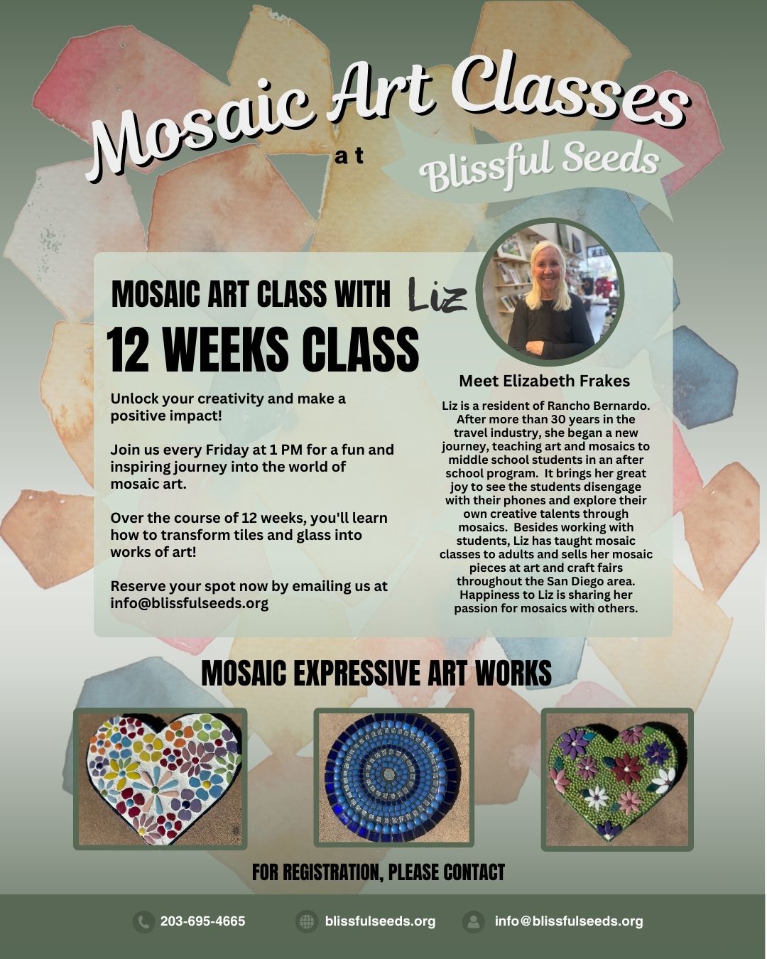Flyer for the 12-week Mosaic Art Class with Liz at Blissful Seeds