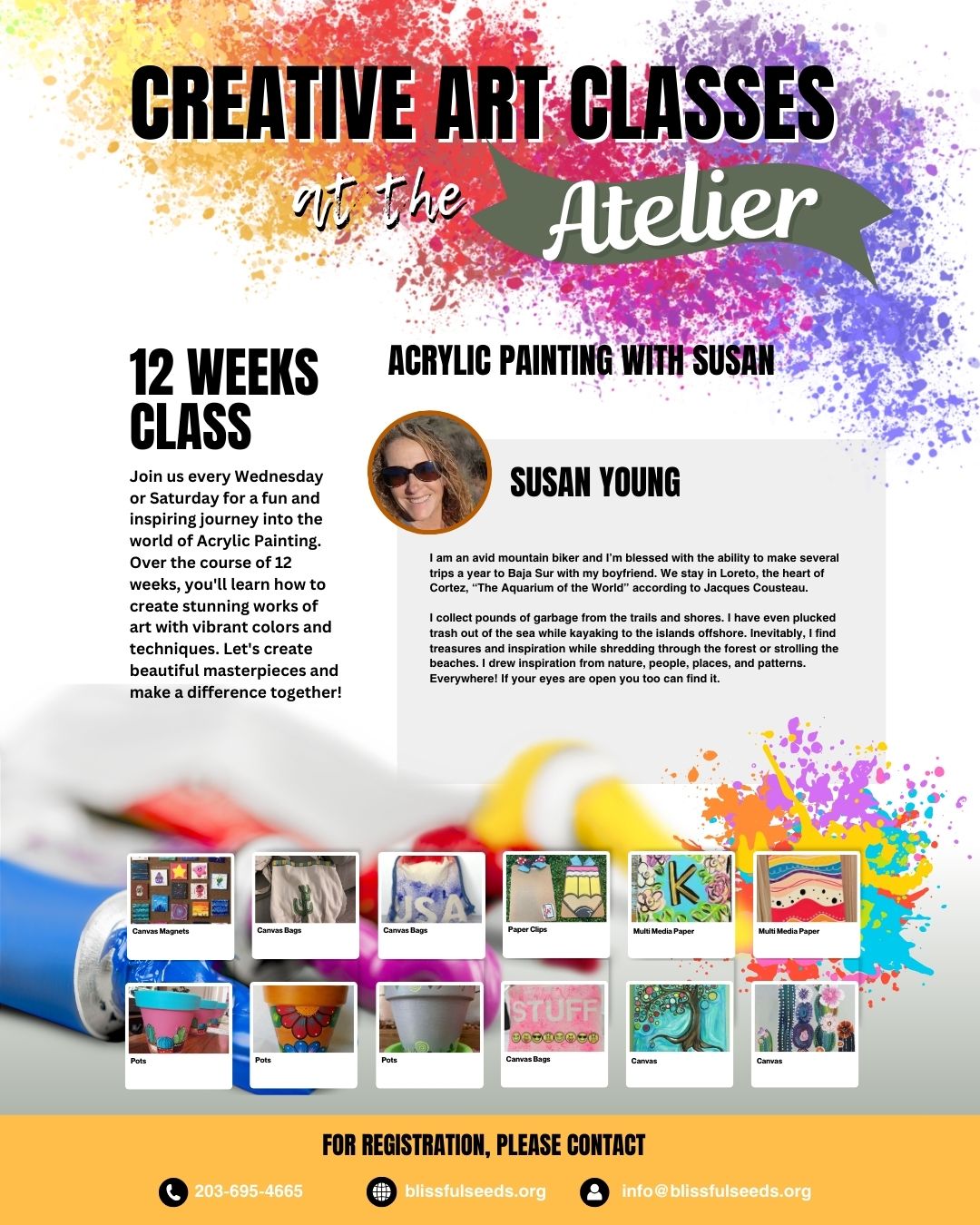 Flyer for the 12-week Acrylic Painting class with Susan Young at the Blissful Seeds Atelier