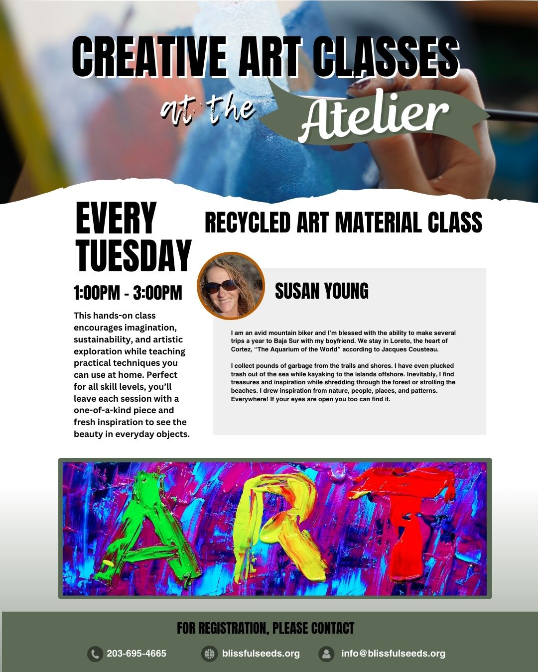 Flyer for the Recycled Art Material class with Susan Young, Tuesdays 1-3pm at Blissful Seeds