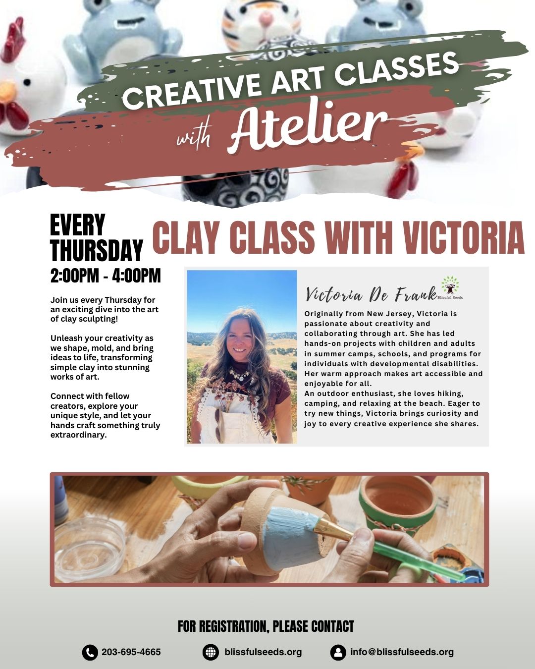 Flyer for Clay Class with Victoria, Thursdays 2-4pm at the Blissful Seeds Atelier