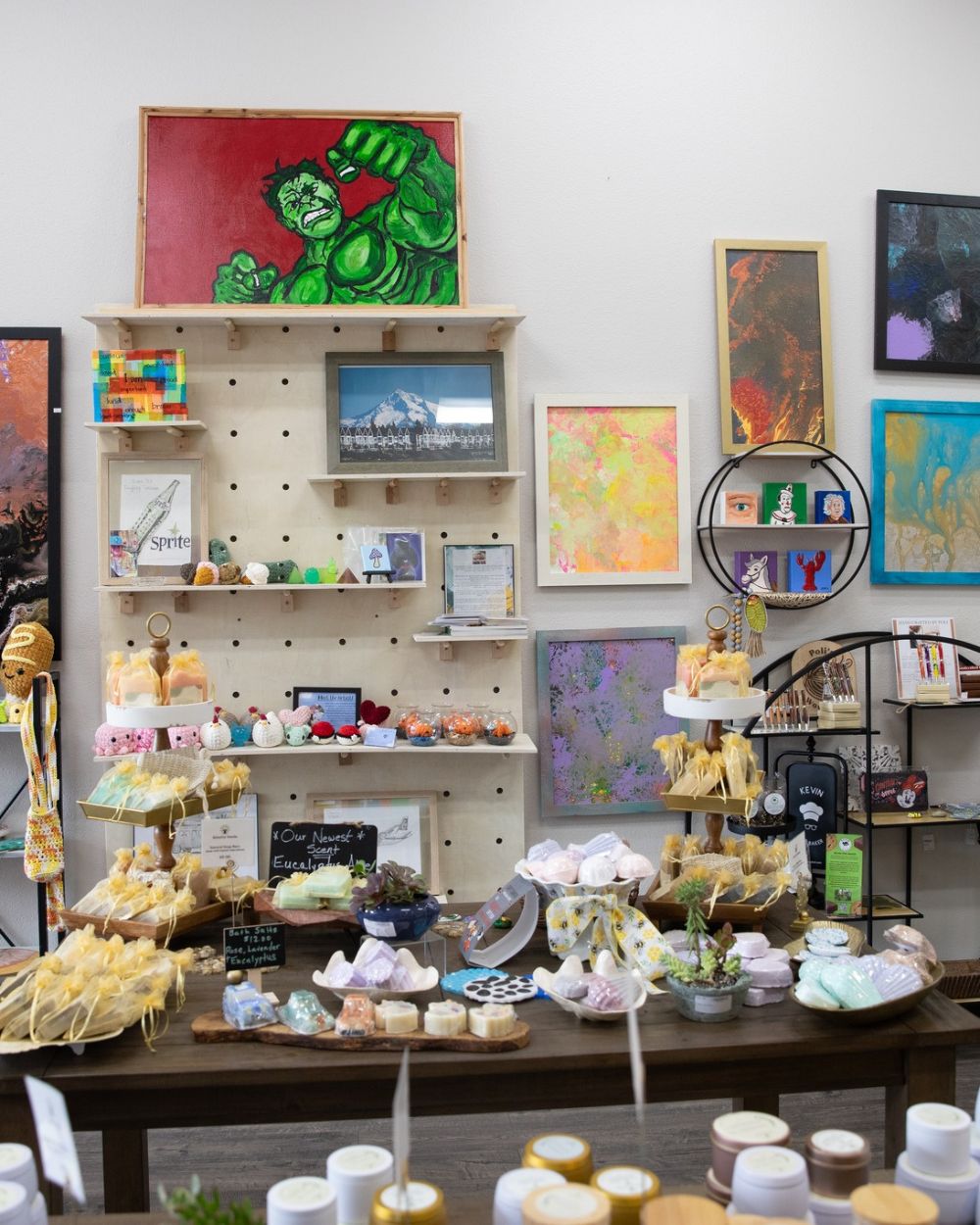 Shelves of handmade gifts for sale inside the Blissful Seeds shop in Poway