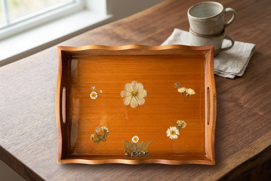 Artisan Pressed Flower Scalloped Wooden Tray