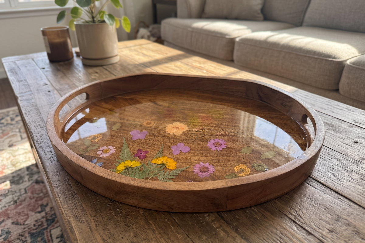 Botanical Bloom Resin Wooden Serving Tray (12" x 16")