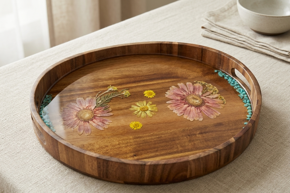 Artisan Pressed Flower Oval Wooden Tray with Turquoise Inlay