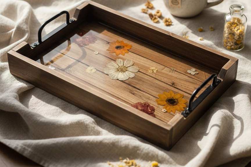 Small Rectangular Wooden Tray with Flowers