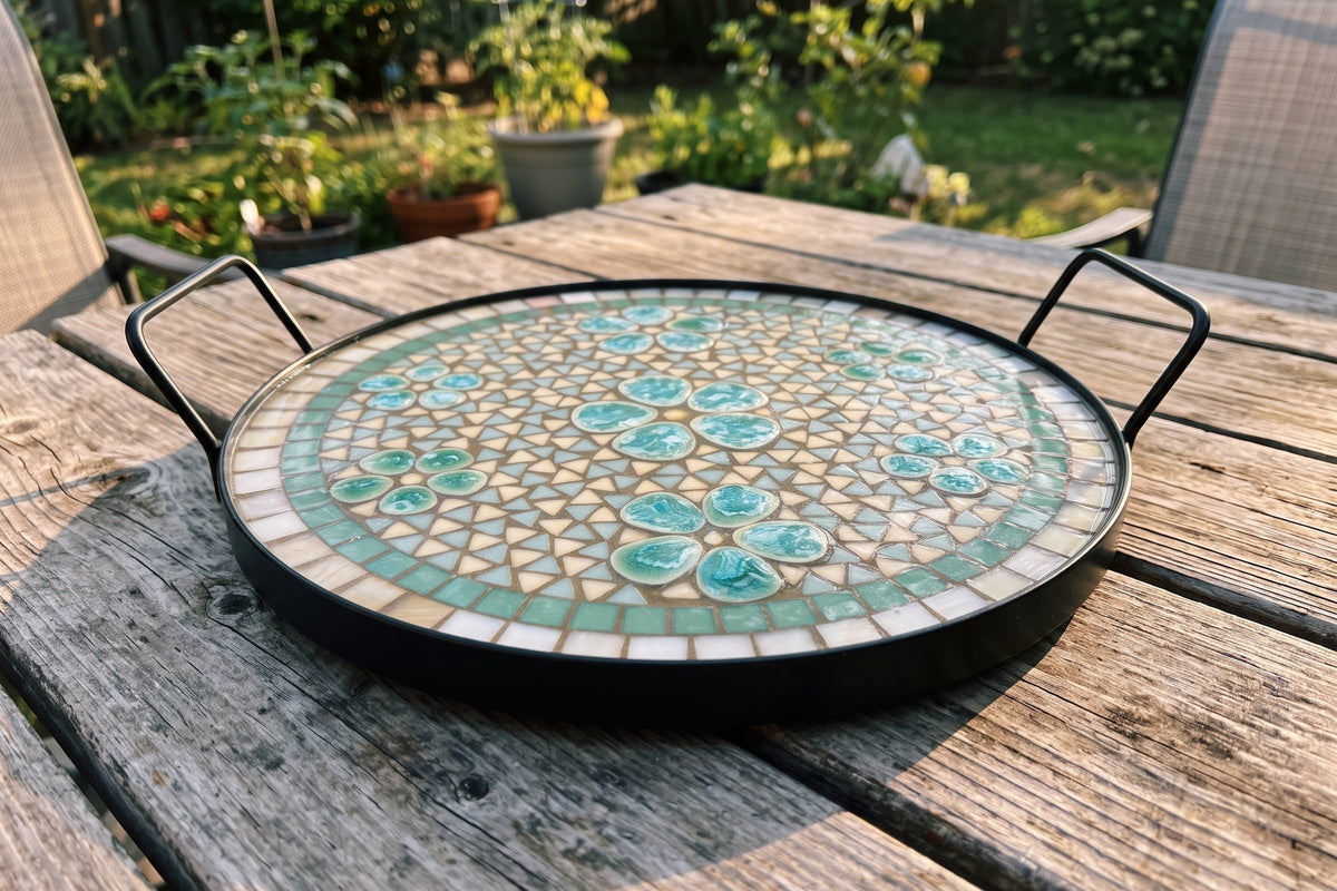 Handcrafted Sea Glass & Floral Mosaic Tray with Protective Resin Seal (12")