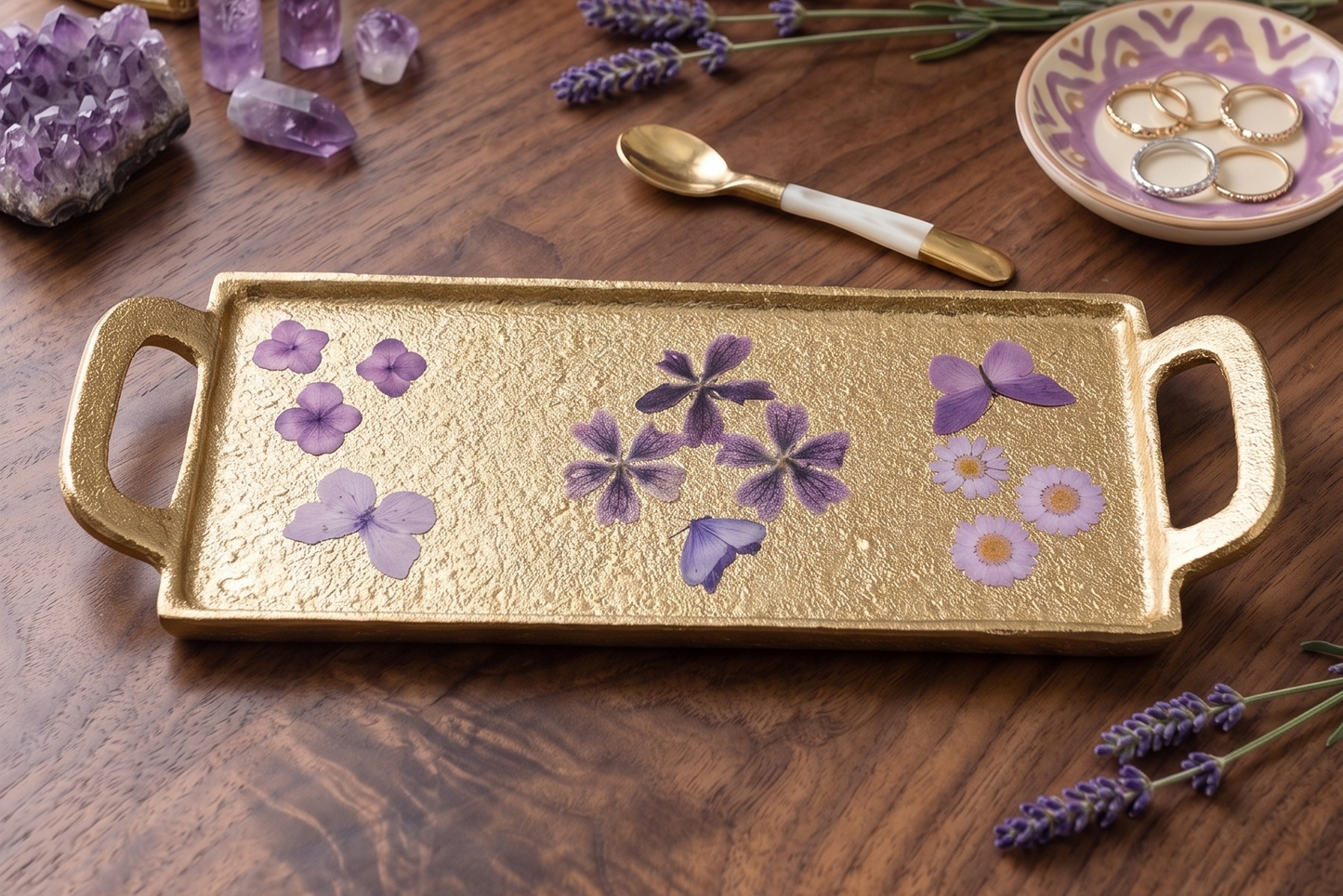 Gold Metal Vanity Tray with Purple Flowers