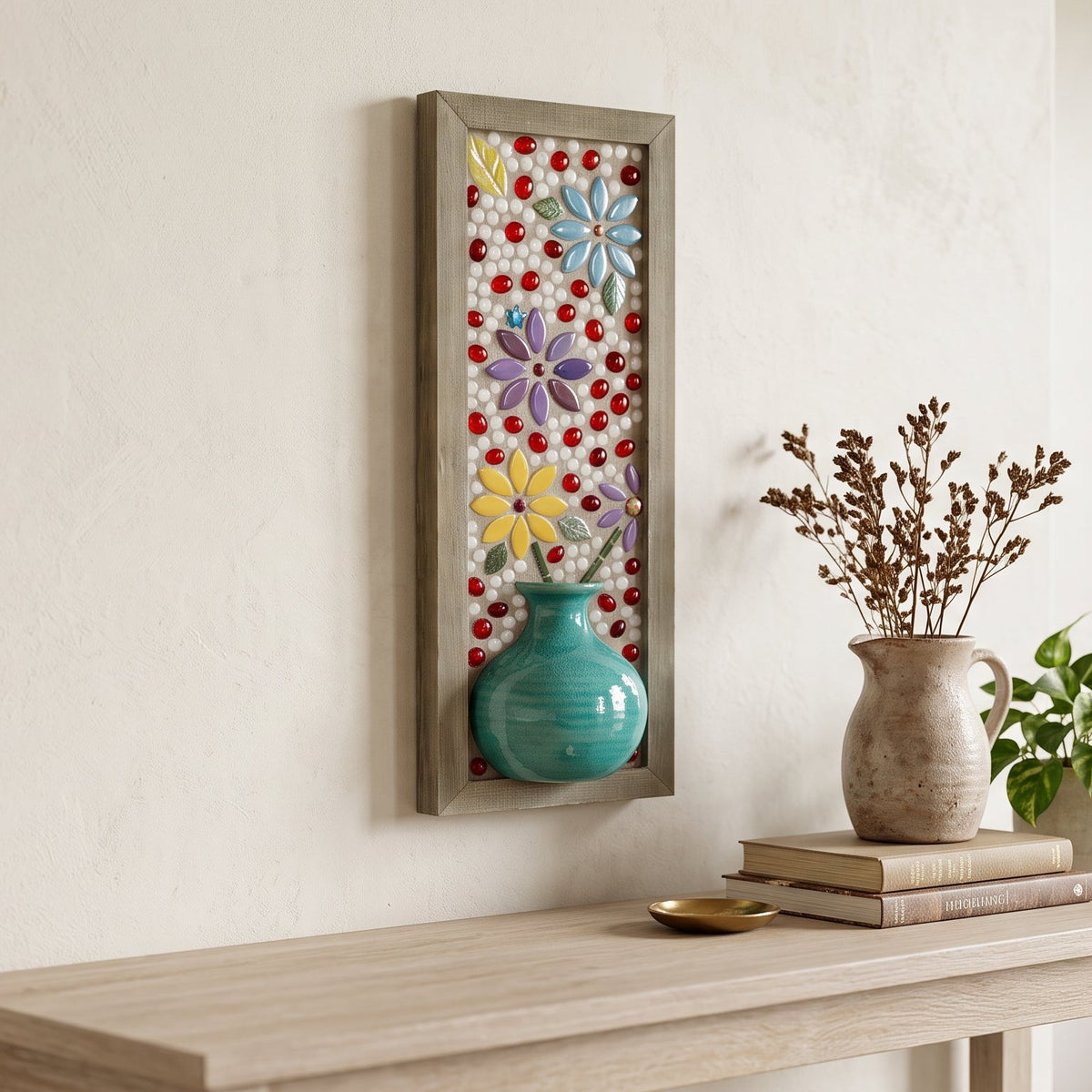 Vibrant Glass Floral Mosaic Wall Art in Rustic Wood Frame (5.5" x 15")