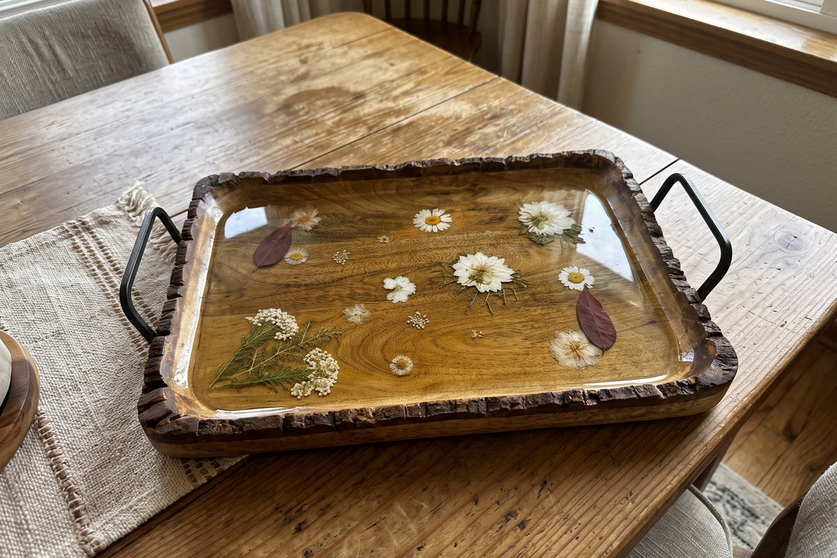 Handcrafted Pressed Botanical Wooden Serving Tray with Resin Finish (10" x 14")