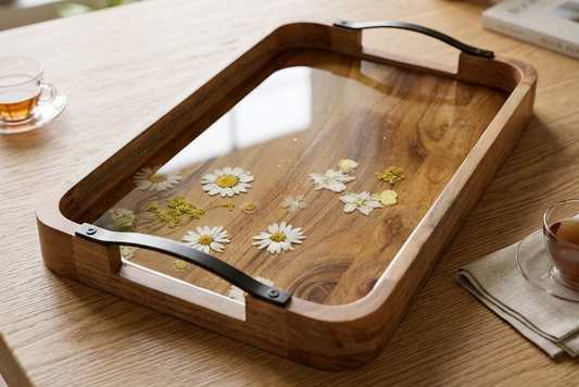 Rectangular Wooden Tray with White Floral Design