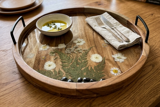 Round Wooden Tray with Floral Design and River Rocks