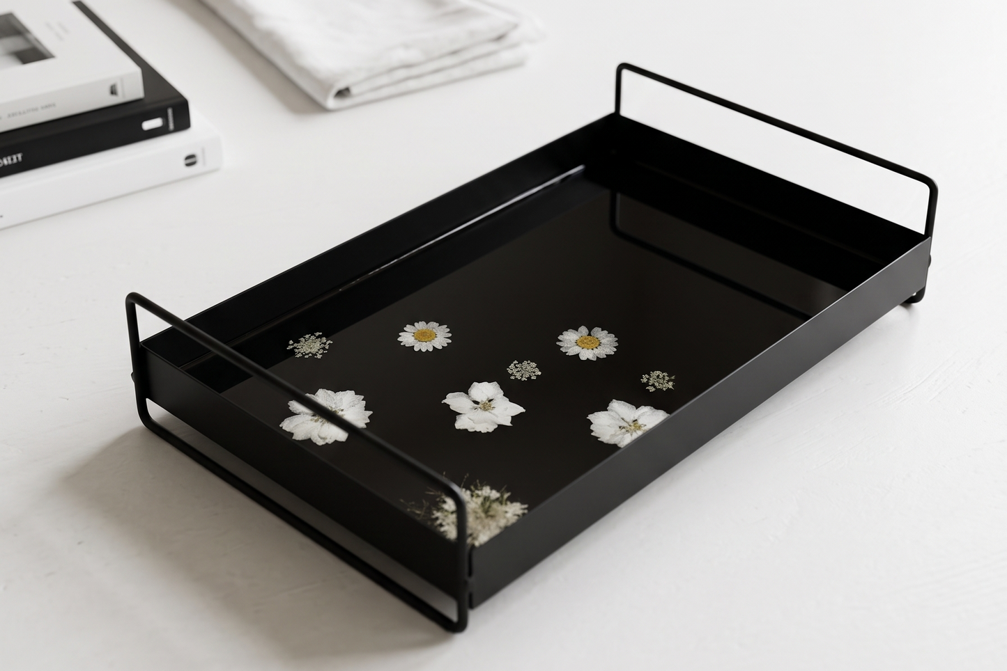 Black Metal Tray with White Floral Design