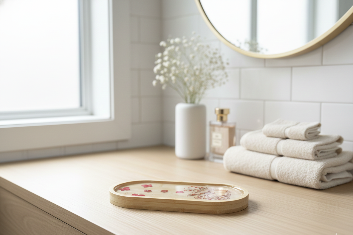 Oval Bamboo Vanity Tray with Floral Design