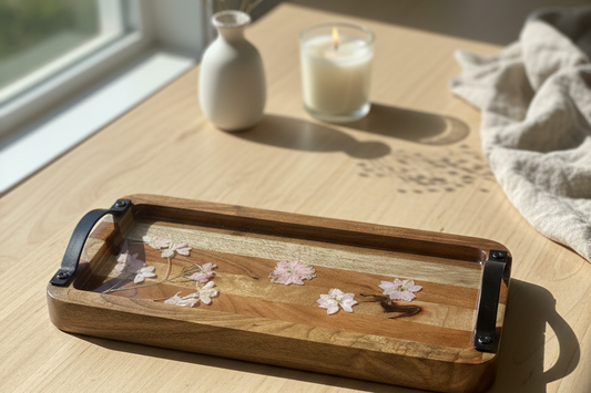 Rectangular Wooden Tray with Black Handles and Floral Design