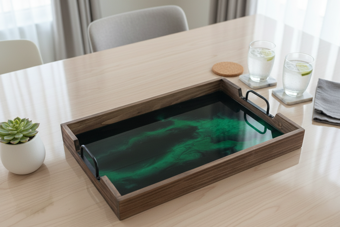 Wooden Tray with Marbled Green and Black Resin
