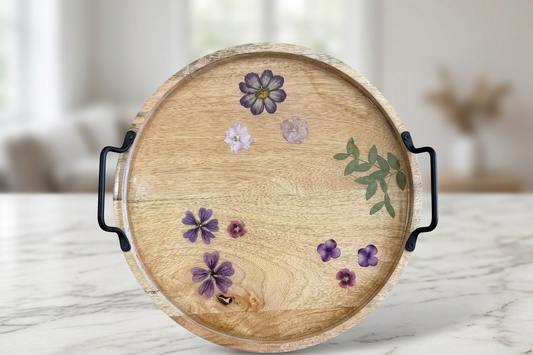 Artisan Pressed Flower Round Wooden Tray with Curved Black Handles