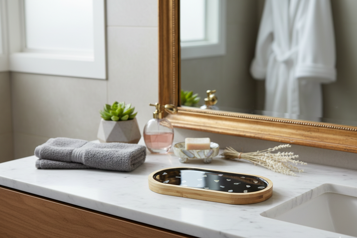 Oval Bamboo Vanity Tray with Crushed Sea Shells